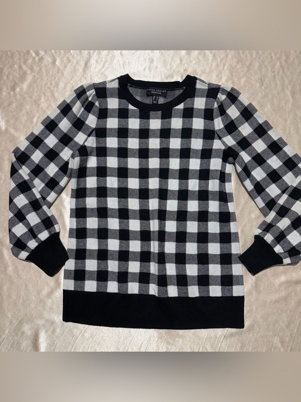 Susan Graver Gingham Balloon Sleeve Sweater size small